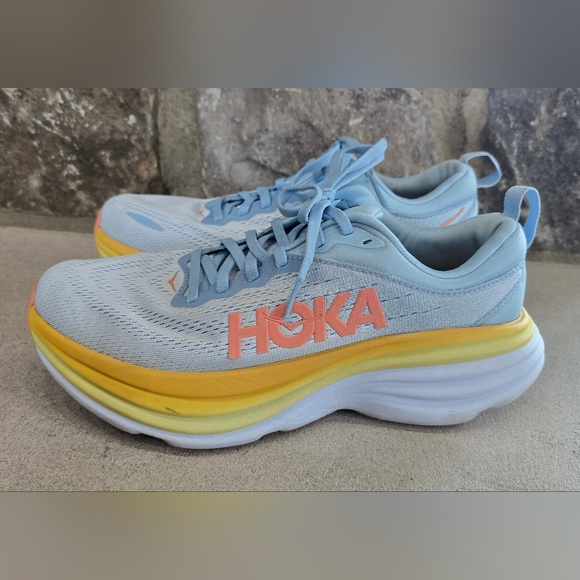 Hoka Women's ONE ONE Bondi 8 In Sky Blue & Sunburst Yellow Running Shoes Size 8 - Picture 1 of 10